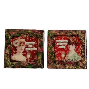 Handmade Vintage Design Christmas Images Coasters 4.5" x 4.5" Glazed Lot Of 2